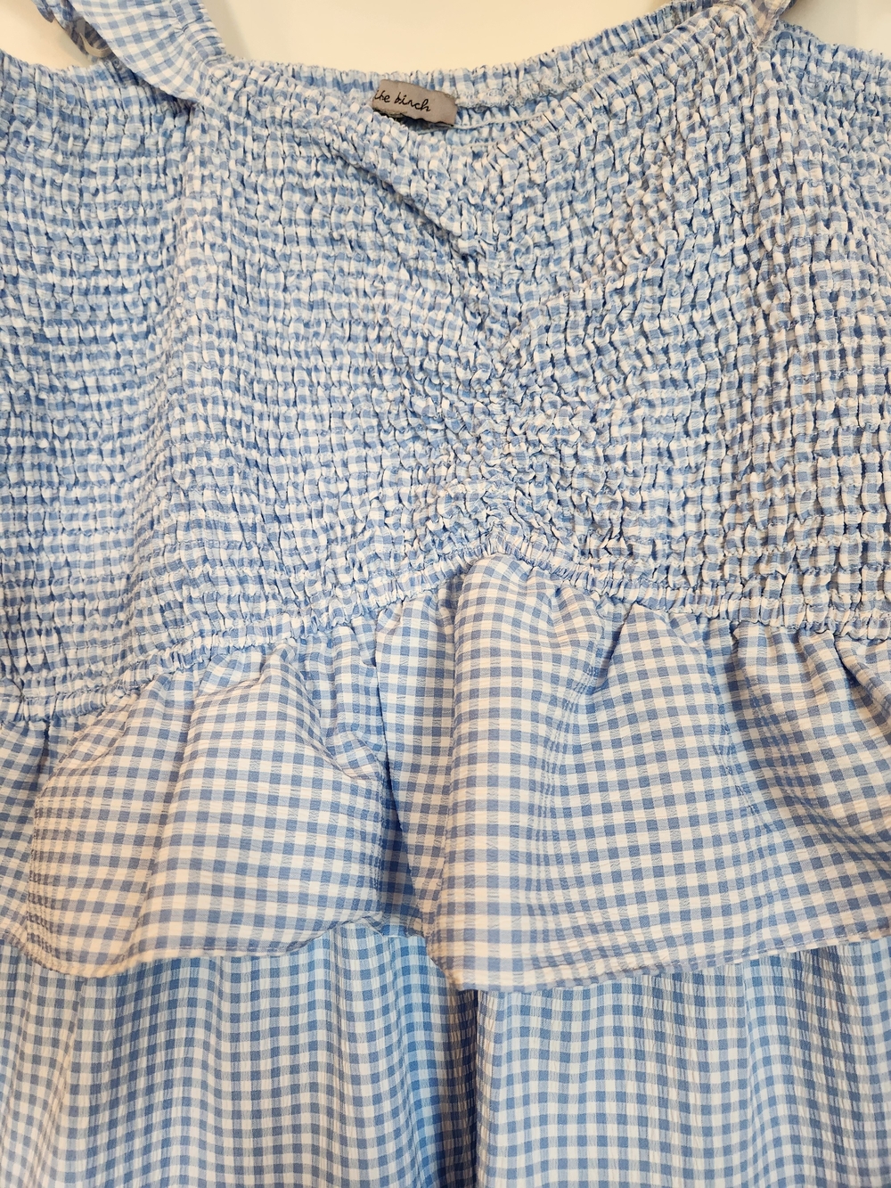 White Birch Light Blue Gingham Smocked Tiered Dress Size 1X Flutter Sleeve Lined - Picture 4 of 13